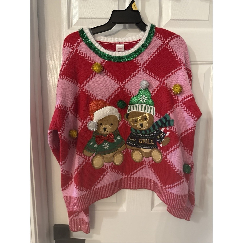 Holiday Time Ugly Christmas Sweater Red Pink Argyle Teddy Bear Women Large NWT